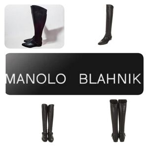 MANOLO BLAHNIK Size 36/US 6 Black Leather Low-Heeled Tall Back- Zip Boot…